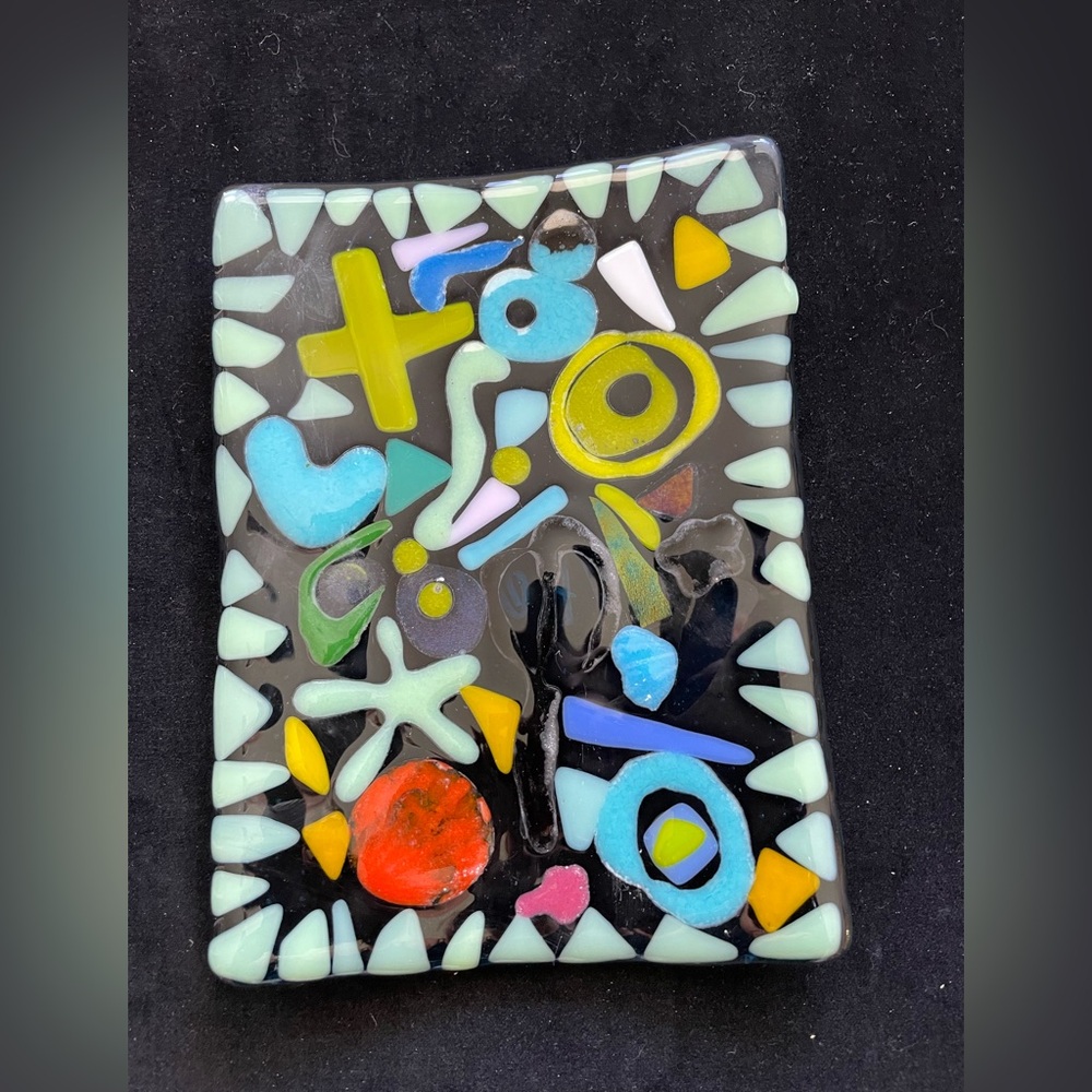“Mermaids Cave”Fused Art Glass Blue Handmade Rectangular Tray 8”x6”Original